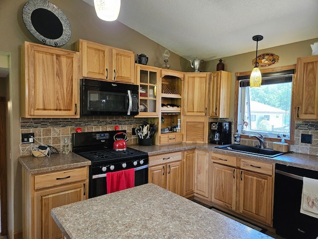 611 3rd St SW, Richville, MN 56576 - kitchen with black appliances, lofted ceiling, backsplash, hanging light fixtures, and a textured ceiling