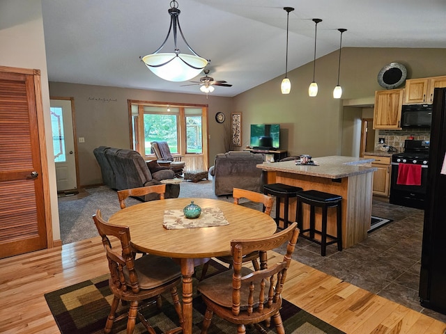611 3rd St SW, Richville, MN 56576 - dining space with lofted ceiling, dark wood finished floors, and a ceiling fan
