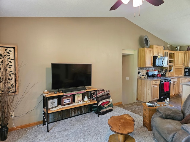 611 3rd St SW, Richville, MN 56576 - carpeted living area with a ceiling fan and vaulted ceiling