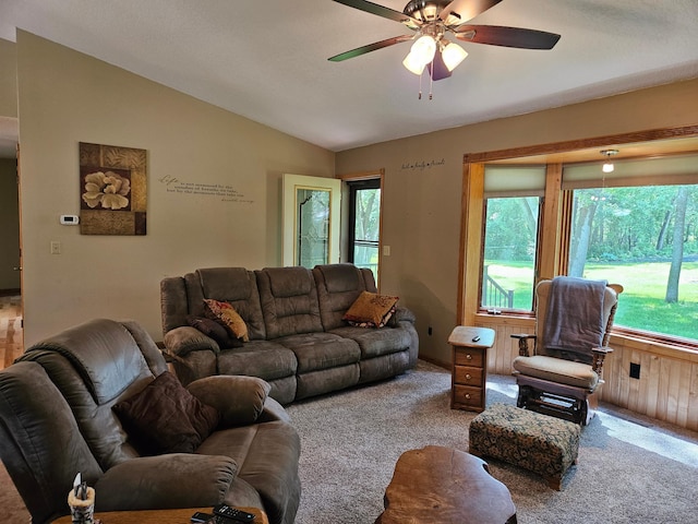 611 3rd St SW, Richville, MN 56576 - carpeted living area with lofted ceiling and a ceiling fan
