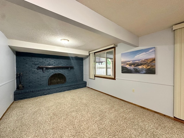 2360 3rd St NW, New Brighton, MN 55112 - unfurnished living room with a textured ceiling, a fireplace, and carpet