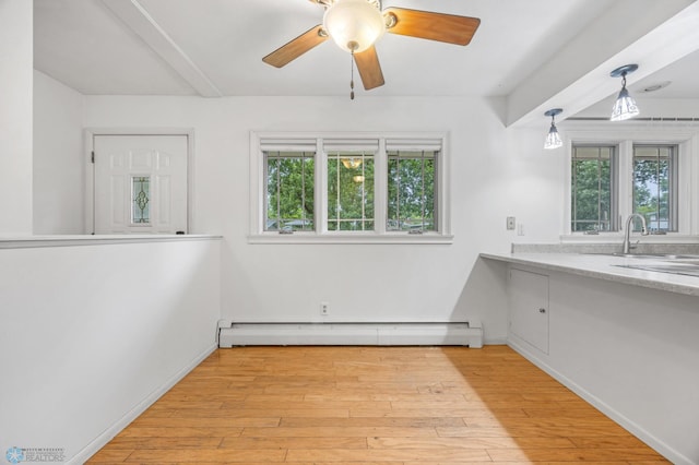 2319 10th St S, Fargo, ND 58103 - empty room with baseboard heating, light wood-style floors, and ceiling fan