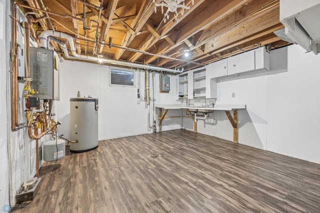 2319 10th St S, Fargo, ND 58103 - unfinished basement featuring water heater, dark wood-style floors, and electric panel