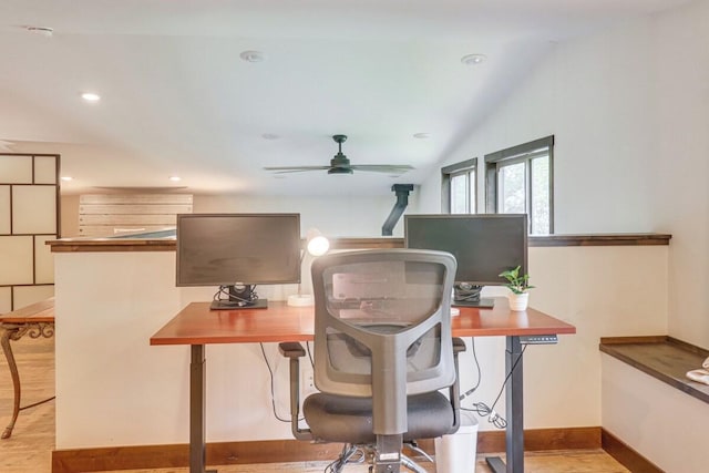 14650 Hilltop Rd, Ashby, MN 56309 - office area featuring wood finished floors, ceiling fan, recessed lighting, and a wood stove