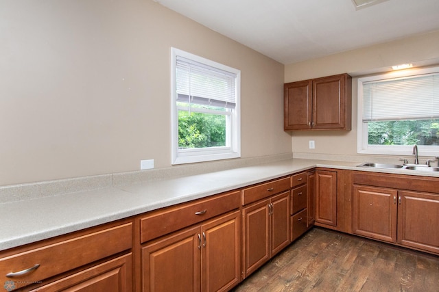 634 11th St N, Moorhead, MN 56560 - kitchen featuring healthy amount of natural light, dark wood-style floors, and brown cabinetry