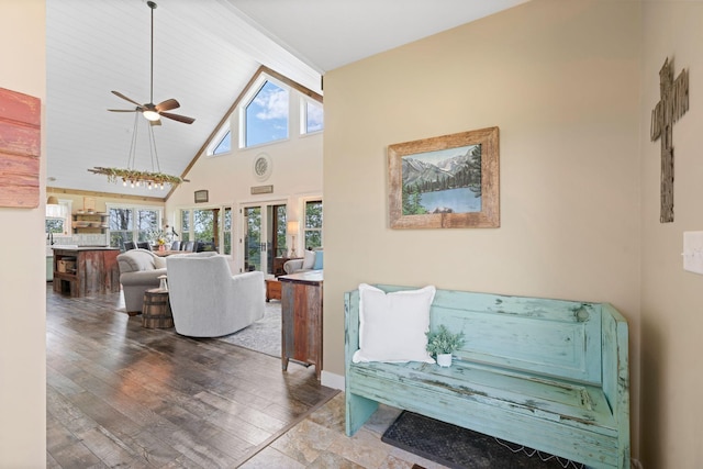 26887 709th St, Lake City, MN 55041 - living area with high vaulted ceiling, a ceiling fan, hardwood / wood-style floors, and beam ceiling