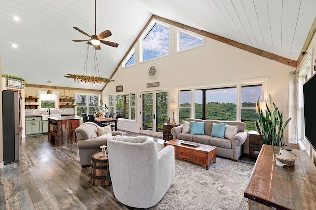26887 709th St, Lake City, MN 55041 - living area featuring high vaulted ceiling, dark wood-style floors, a ceiling fan, a wood ceiling with exposed beams, and recessed lighting
