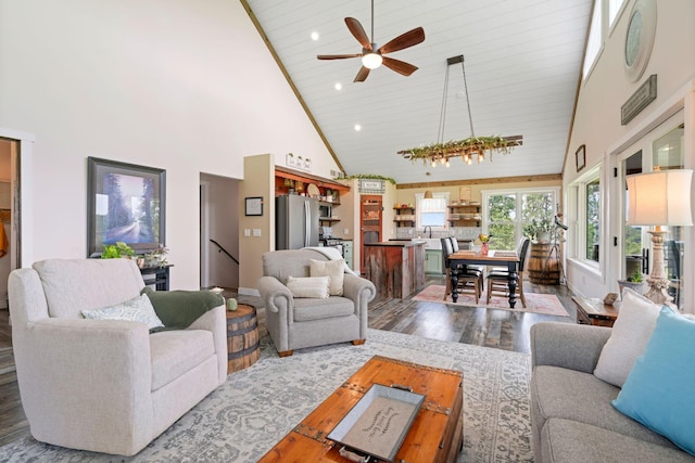 26887 709th St, Lake City, MN 55041 - living room featuring high vaulted ceiling, dark wood-style flooring, ceiling fan, and recessed lighting
