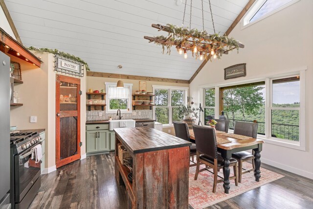 26887 709th St, Lake City, MN 55041 - kitchen featuring stainless steel gas range oven, butcher block counters, green cabinetry, open shelves, and healthy amount of natural light