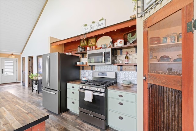 26887 709th St, Lake City, MN 55041 - kitchen with stainless steel appliances, open shelves, backsplash, dark wood-style floors, and wood counters