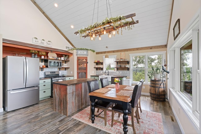 26887 709th St, Lake City, MN 55041 - dining area featuring dark wood-style floors, high vaulted ceiling, and a chandelier