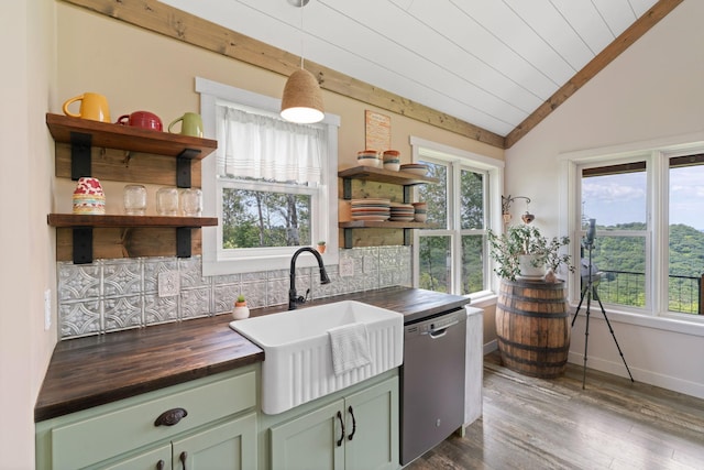 26887 709th St, Lake City, MN 55041 - kitchen featuring open shelves, wooden counters, dishwasher, green cabinetry, and vaulted ceiling