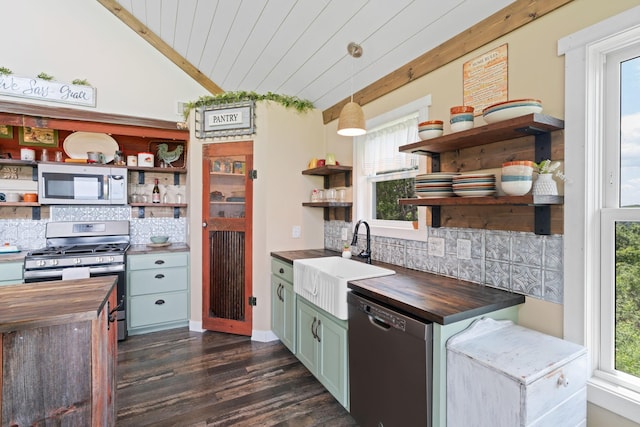 26887 709th St, Lake City, MN 55041 - kitchen with butcher block countertops, open shelves, appliances with stainless steel finishes, dark wood finished floors, and wood ceiling