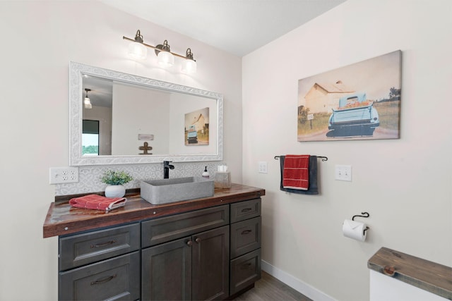 26887 709th St, Lake City, MN 55041 - bathroom featuring vanity, backsplash, and wood finished floors