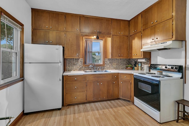 212 31st Ave N, Saint Cloud, MN 56303 - kitchen with white appliances, under cabinet range hood, light wood finished floors, and brown cabinets