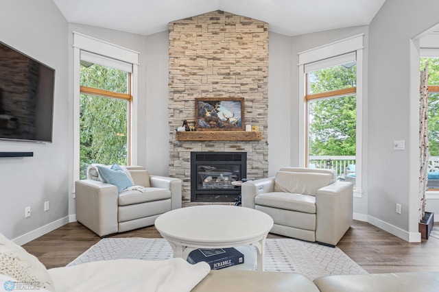 3020 26th Ave S, Fargo, ND 58103 - living room featuring a fireplace, wood finished floors, and lofted ceiling