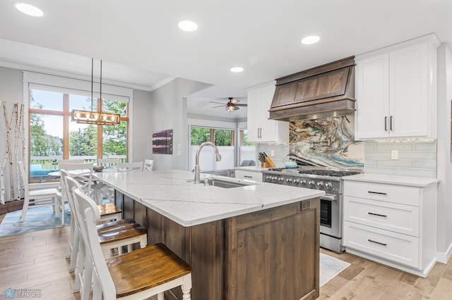 3020 26th Ave S, Fargo, ND 58103 - kitchen featuring stainless steel stove, premium range hood, ornamental molding, light stone countertops, and recessed lighting