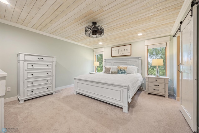 3020 26th Ave S, Fargo, ND 58103 - bedroom featuring a barn door, wooden ceiling, light colored carpet, ornamental molding, and recessed lighting