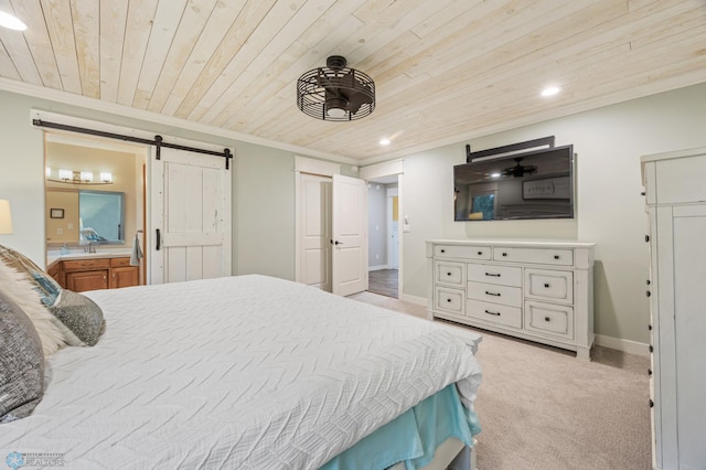 3020 26th Ave S, Fargo, ND 58103 - bedroom with wooden ceiling, a barn door, recessed lighting, light carpet, and crown molding