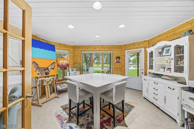 3020 26th Ave S, Fargo, ND 58103 - dining space featuring wooden walls, recessed lighting, light tile patterned floors, and wood ceiling