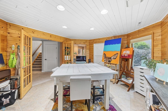 3020 26th Ave S, Fargo, ND 58103 - dining space with wooden walls, recessed lighting, stairway, light tile patterned flooring, and wood ceiling