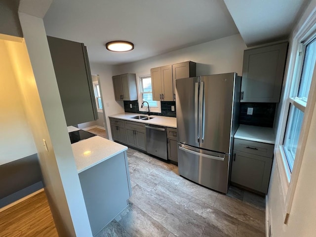 5923 Hodgson Rd, Shoreview, MN 55126 - kitchen featuring appliances with stainless steel finishes, gray cabinets, and decorative backsplash
