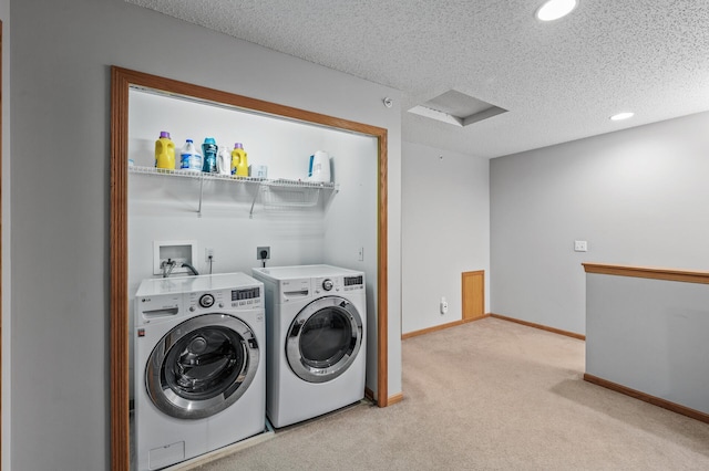 11122 Aberdeen St NE Unit C, Blaine, MN 55449 - laundry room featuring washer and dryer, carpet floors, attic access, a textured ceiling, and recessed lighting