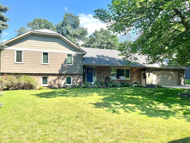 2680 Holly Ln N, Plymouth, MN 55447 - tri-level home featuring a garage, a front lawn, and brick siding