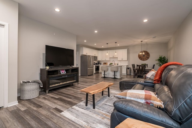422 Ford St E, Northfield, MN 55057 - living room featuring dark wood-style floors and recessed lighting