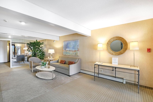 205 Barry Ave S Unit 208, Wayzata, MN 55391 - carpeted living area featuring a baseboard radiator and beamed ceiling