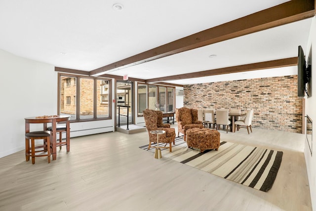 205 Barry Ave S Unit 208, Wayzata, MN 55391 - living area with brick wall, wood finished floors, a baseboard heating unit, and beamed ceiling