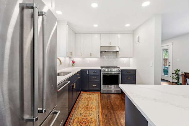 4810 42nd St, Saint Louis Park, MN 55416 - kitchen featuring stainless steel appliances, under cabinet range hood, white cabinetry, dark wood-type flooring, and decorative backsplash