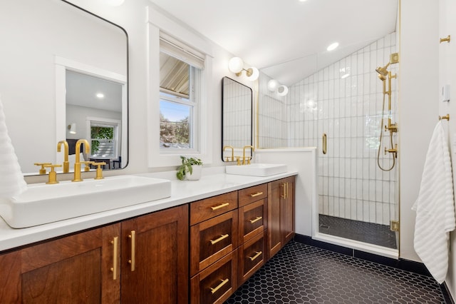 4810 42nd St, Saint Louis Park, MN 55416 - full bathroom with double vanity, a stall shower, and lofted ceiling