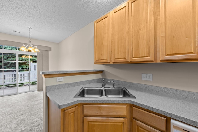 20354 Kensfield Trl Unit 1403, Lakeville, MN 55044 - kitchen featuring a textured ceiling, a chandelier, carpet, and pendant lighting