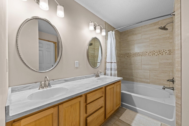 20354 Kensfield Trl Unit 1403, Lakeville, MN 55044 - bathroom with shower / bath combo, double vanity, a textured ceiling, and tile patterned floors