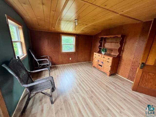 355 Harvey St, Ely, MN 55731 - living area featuring wooden ceiling, wood finished floors, lofted ceiling, and wooden walls