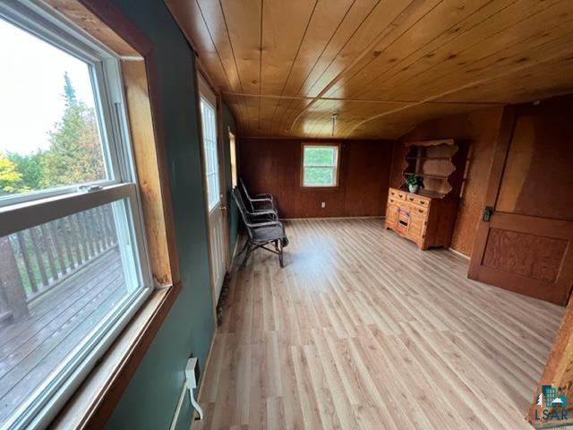 355 Harvey St, Ely, MN 55731 - living area with wood ceiling, light wood finished floors, and wooden walls