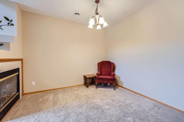 11182 204th St W Unit 908, Lakeville, MN 55044 - unfurnished room featuring carpet, a chandelier, a tiled fireplace, and a textured ceiling
