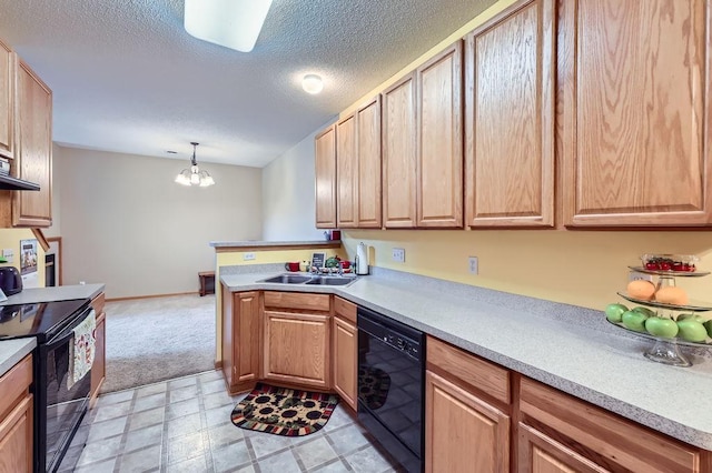 11182 204th St W Unit 908, Lakeville, MN 55044 - kitchen featuring black appliances, light countertops, a textured ceiling, exhaust hood, and hanging light fixtures