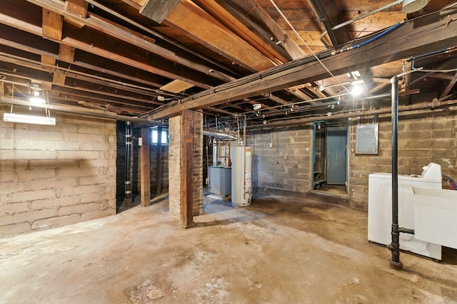 976 Forest St, Saint Paul, MN 55106 - basement featuring water heater, washing machine and dryer, and electric panel