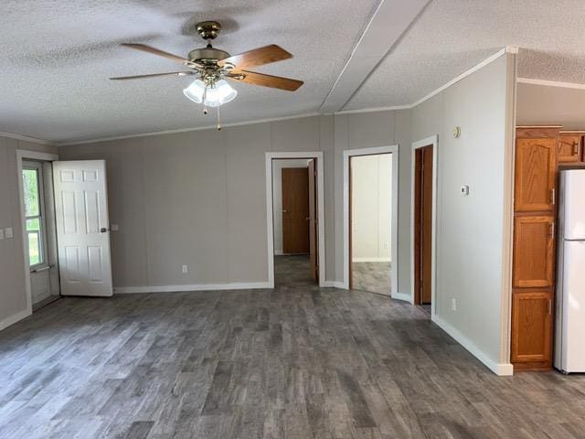19531 Explorer Trl, Todd Twp, MN 56470 - unfurnished living room with ornamental molding, a textured ceiling, dark wood-type flooring, a ceiling fan, and lofted ceiling