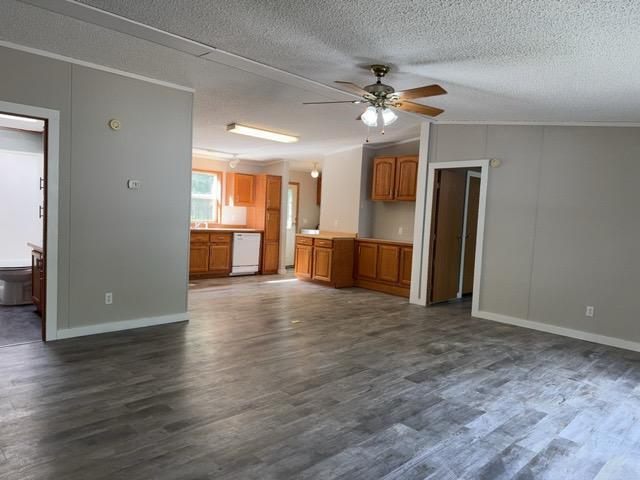 19531 Explorer Trl, Todd Twp, MN 56470 - unfurnished living room featuring ceiling fan, dark wood-style floors, a textured ceiling, and lofted ceiling
