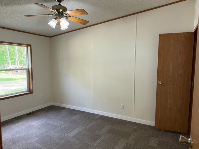 19531 Explorer Trl, Todd Twp, MN 56470 - empty room with crown molding, dark carpet, ceiling fan, and a textured ceiling