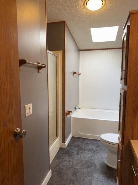 19531 Explorer Trl, Todd Twp, MN 56470 - full bathroom with a skylight, a garden tub, a shower stall, vanity, and a textured ceiling