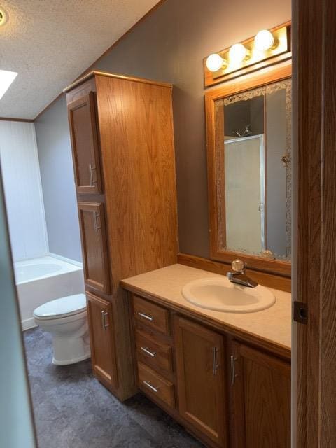 19531 Explorer Trl, Todd Twp, MN 56470 - full bath with a textured ceiling, vanity, a skylight, and a shower