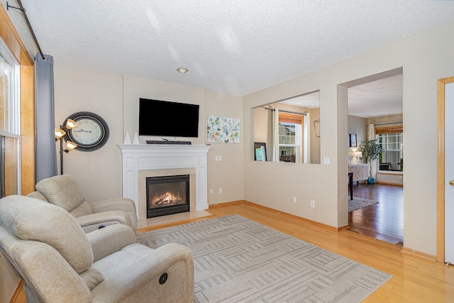 15265 Dupont Path, Apple Valley, MN 55124 - living area with a fireplace with flush hearth, light wood-style flooring, and a textured ceiling