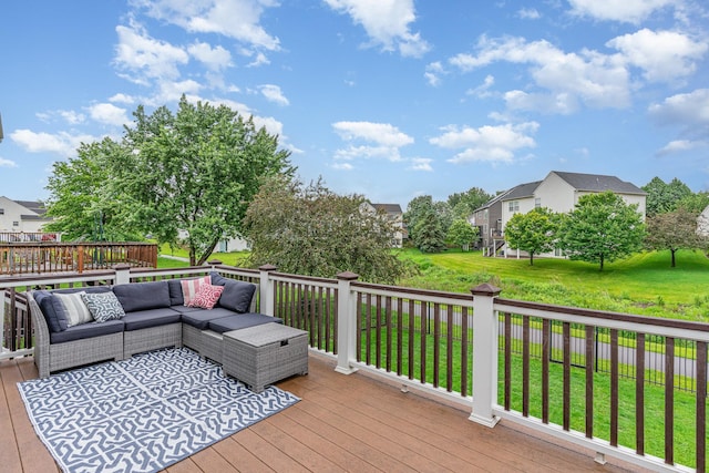 15265 Dupont Path, Apple Valley, MN 55124 - wooden terrace featuring outdoor lounge area, a lawn, and a residential view