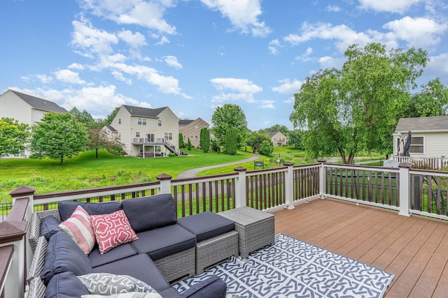 15265 Dupont Path, Apple Valley, MN 55124 - wooden deck featuring an outdoor living space, a residential view, and a yard