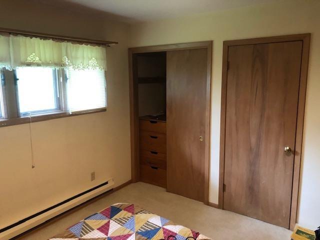 300 Whittier St W, Lanesboro, MN 55949 - bedroom featuring baseboard heating, light colored carpet, and two closets