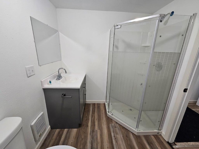 10091 Trengove Rd NW, Bemidji, MN 56601 - bathroom featuring wood finished floors, vanity, and a stall shower